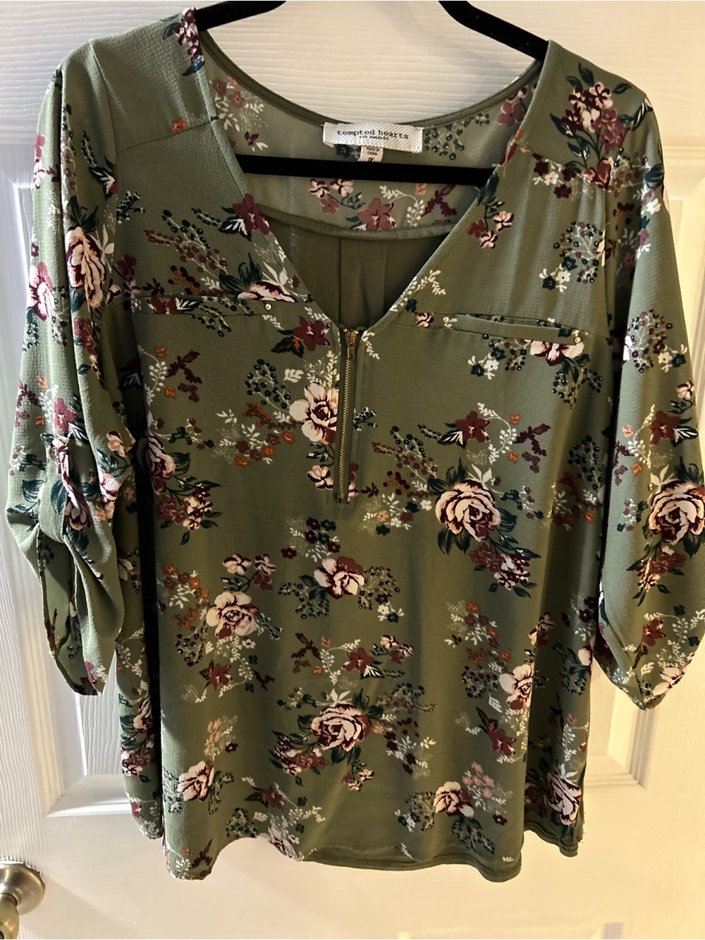 Tempted Hearts Women Top 1X Olive Floral Blouse Boho 1/4 Zip Roll Tab 3/4 Sleeve